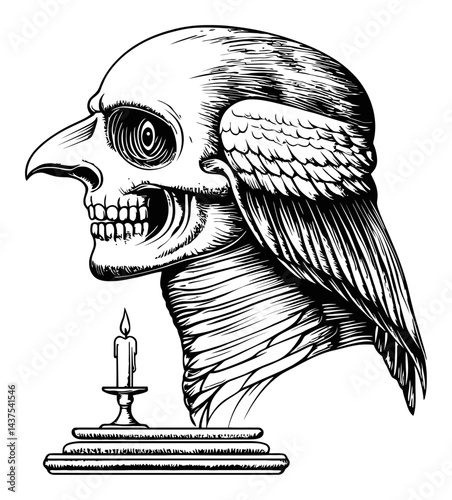 Detailed Engraving of Skull with Wings and Candle Illustration