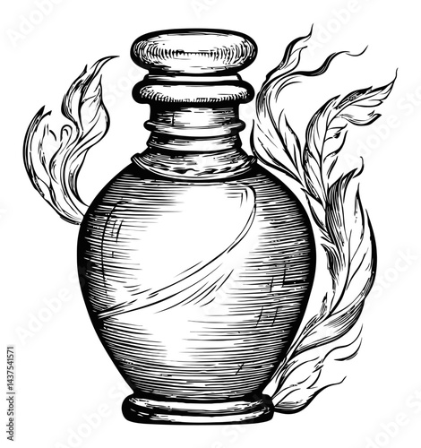 Detailed Engraving of an Ornate Vase with Decorative Leaves