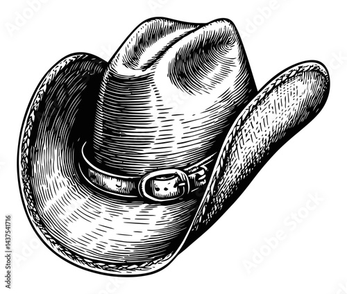 Detailed Engraving of a Classic Cowboy Hat in Black and White