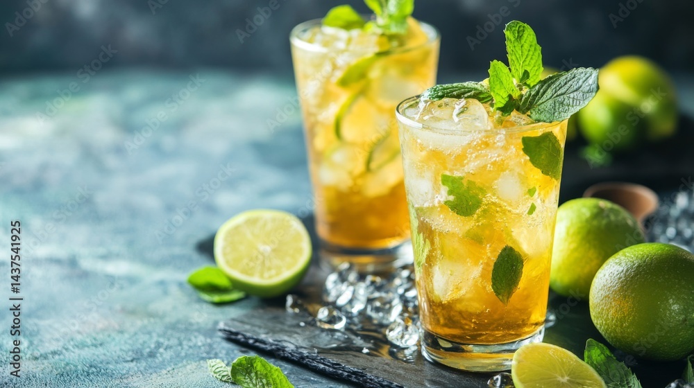 Fototapeta premium Two Iced Mint Lime Drinks on Dark Background