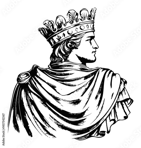 Detailed Black and White Illustration of Regal King in Profile View