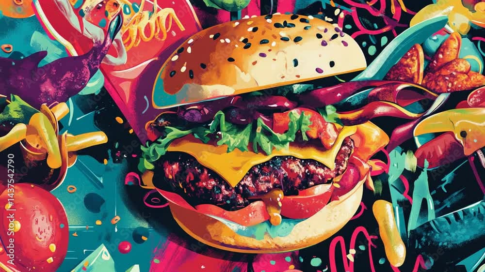 Vibrant and Colorful Burger Composition with Abstract Elements for Culinary Projects