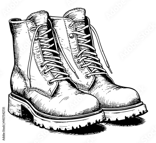 Detailed Engraving of Classic Lace-Up Work Boots Illustration
