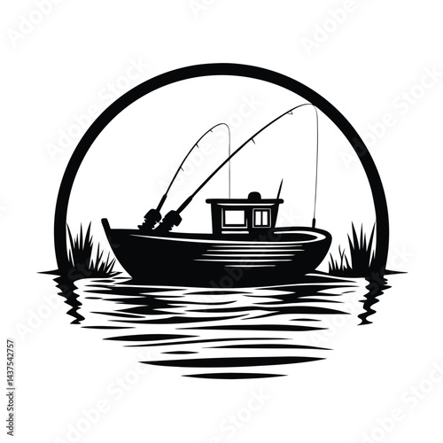 Boat with Fishing Rods Silhouette, Calm Water, Nature Landscape, Circular Frame, Simple Art