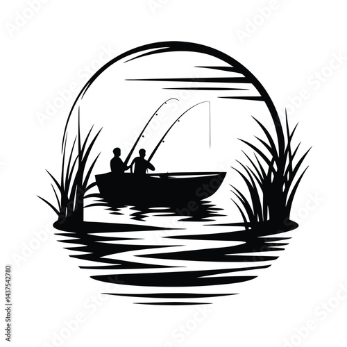 Silhouette Fishermen in Boat on Water with Reeds, Fishing Rods, and Circular Border