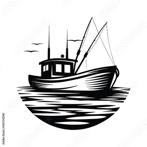 Silhouette Fishing Boat at Sea with Birds, Nautical Vessel, Sea Life & Fishing