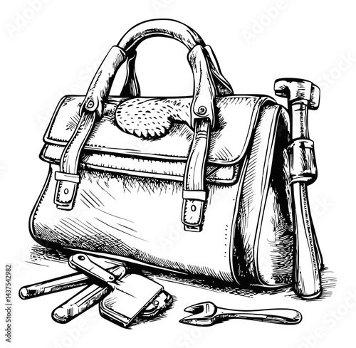 Handcrafted Leather Handbag Engraving with Tools and Accessories