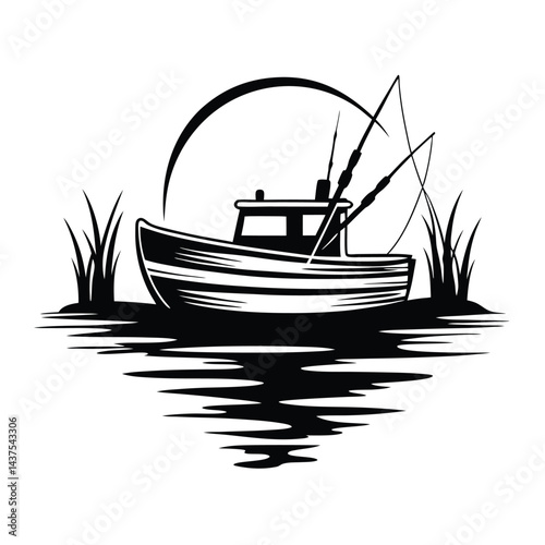 Monochrome Fishing Boat Silhouette with Fishing Rods, Surrounded by Grass and Water