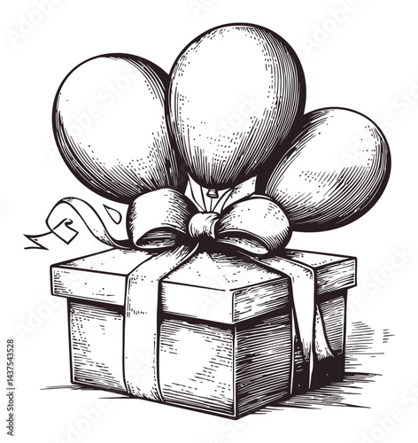 Hand-Drawn Gift Box with Balloons and Ribbon Illustration