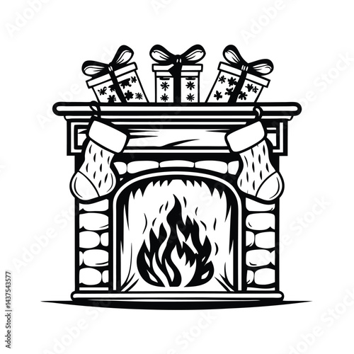 Black & White Fireplace with Presents and Stockings Icon Silhouette