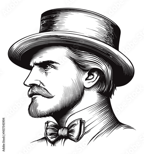 Vintage Engraving of a Distinguished Man with Bow Tie and Hat