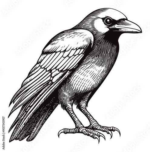 Black and White Engraving of a Detailed Bird Illustration