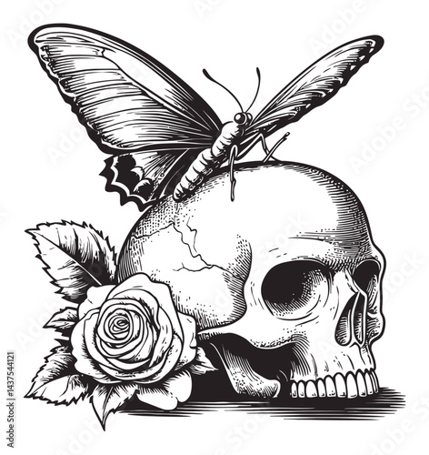 Vintage Engraving of Skull with Butterfly and Rose Illustration