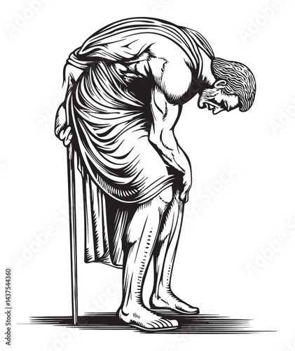 Detailed Engraving of an Illustrious Figure in Blue Robe and Cane