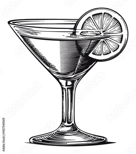 Classic Engraving of Stylish Cocktail Glass with Lemon Slice