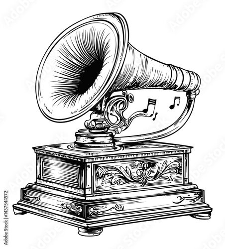 Vintage Engraving of a Classic Gramophone with Musical Notes