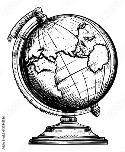 Detailed Engraving of a Classic Globe Illustration in Black and White