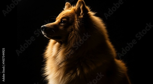 Majestic Fluffy Long Haired Dog Silhouetted Against Black Background