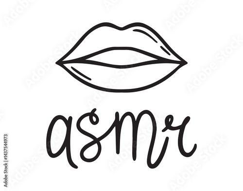 ASMR lettering emblem with lips or mouth icon doodle hand drawn. Outline line drawing clipart symbol