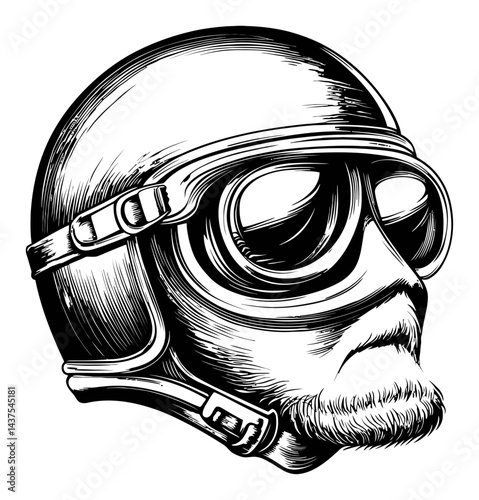 Detailed Vintage Engraving of a Man with Goggles and Helmet