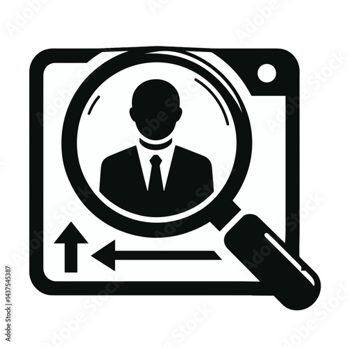 Magnifying glass icon over candidate profile in suit, recruitment concept