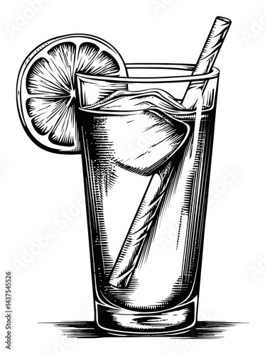 Detailed Engraving of Refreshing Drink with Lemon Slice and Straw