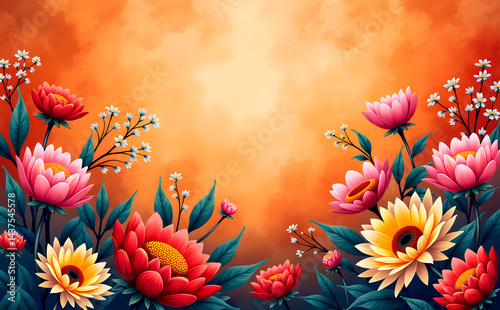 Artistic floral tapestry for Navaratri with vibrant flowers and warm background
