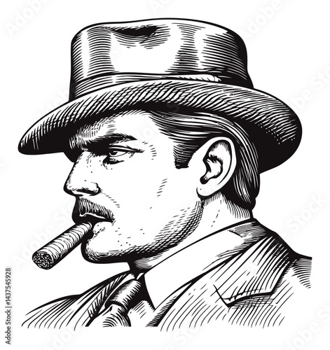Vintage Engraving of a Man with a Cigarette and Hat Illustration