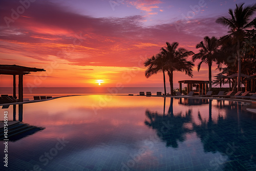 An image of sunrise over infinity pool at resort