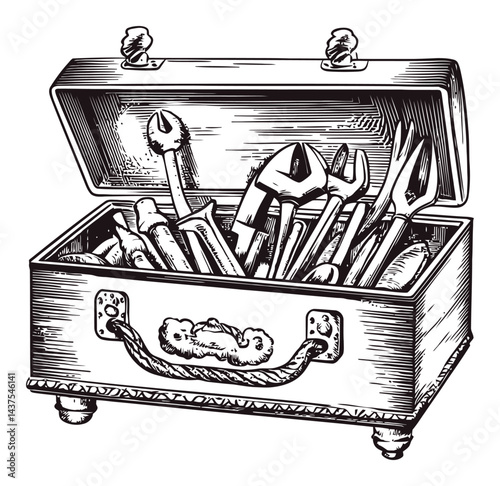 Vintage Engraving of an Open Toolbox Filled with Various Tools