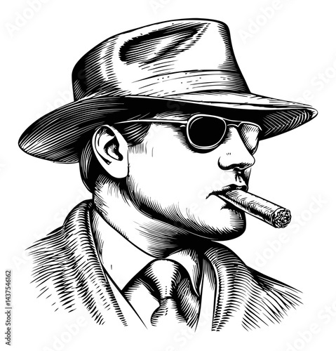 Black and White Engraving of a Stylish Man with Sunglasses and Cigar