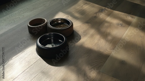 Pet food bowls on wooden floor photo