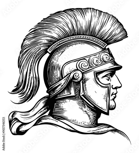 Detailed Engraving of a Roman Soldier in Classic Helmet Style
