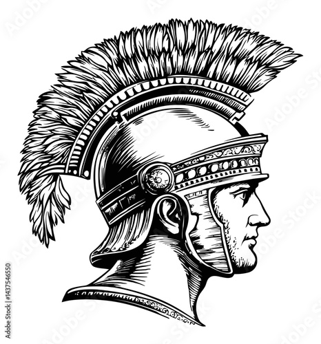 Detailed Engraving of a Roman Soldier in Profile View