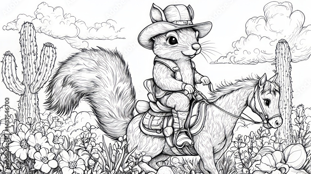 Fototapeta premium Playful Squirrel Riding Horse in Desert Scene Coloring Page