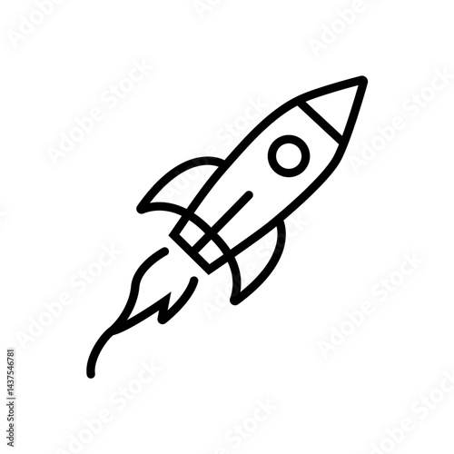 Minimalist black-and-white line icon of a rocket launching upward, featuring a sleek body and a trail of flames. 