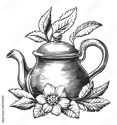 Vintage Engraving of Teapot Surrounded by Leaves and Flower