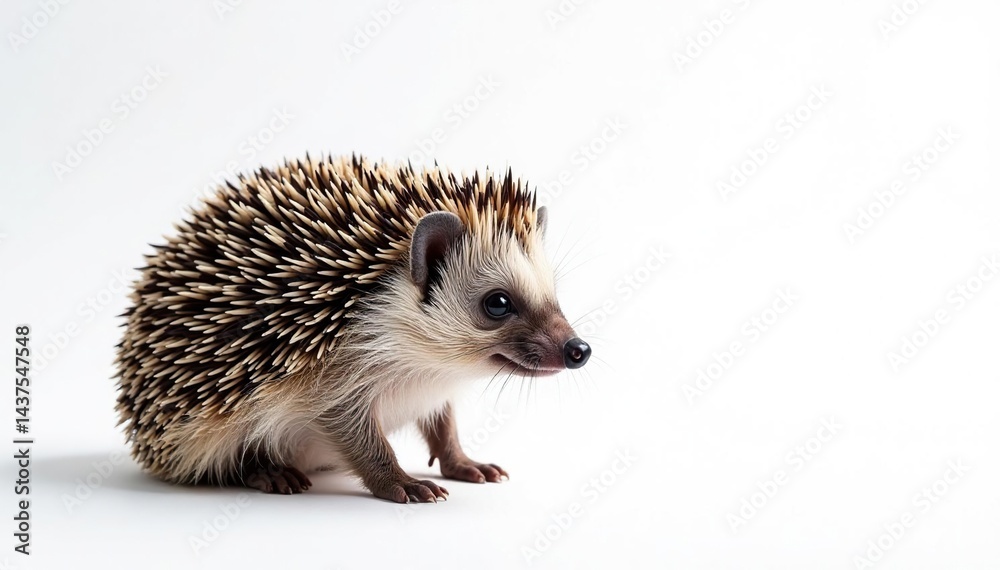 Fototapeta premium A single hedgehog posed against a stark white backdrop , one, pet, fauna
