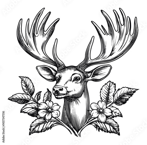 Detailed Engraved Illustration of a Deer with Antlers and Flowers