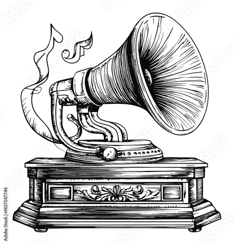 Vintage Gramophone Engraving with Musical Notes and Artistic Detail