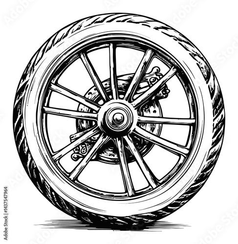 Detailed Engraving of a Vintage Bicycle Wheel with Spokes
