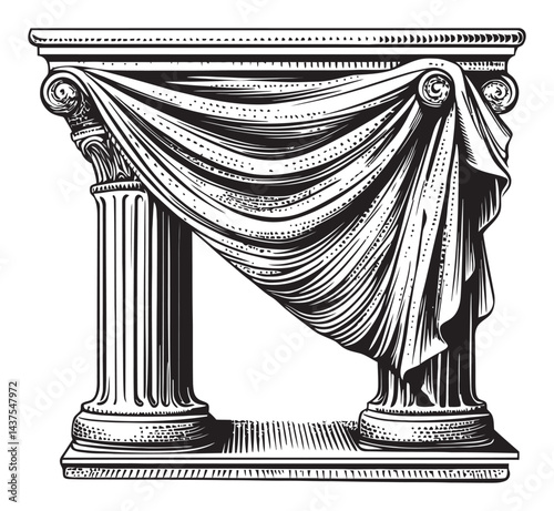 Detailed Engraving of Classical Column with Draped Fabric Design