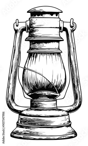 Vintage Hand-Drawn Engraving of Classic Oil Lantern