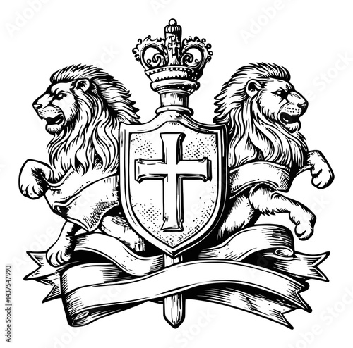 Intricate Engraving of a Heraldic Shield with Lions and Crown