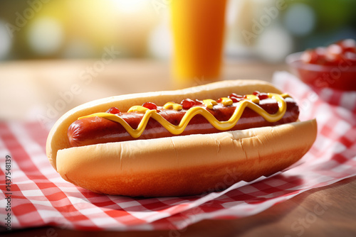A close-up of a hot dog in a soft bun, topped with mustard and ketchup on a red-and-white checkered picnic tablecloth background