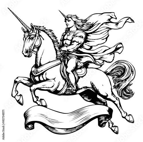 Majestic Unicorn Engraving with Knight Riding into Adventure