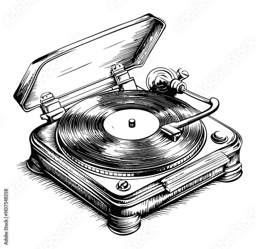 Vintage Record Player Engraving with Detail and Classic Design