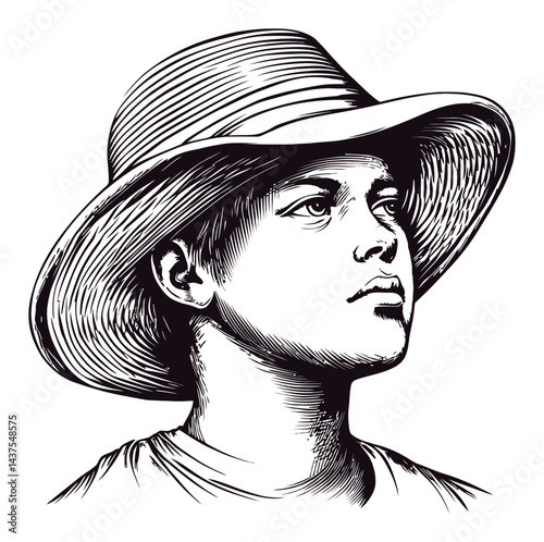 Detailed Engraving of a Boy Wearing a Wide-Brimmed Hat