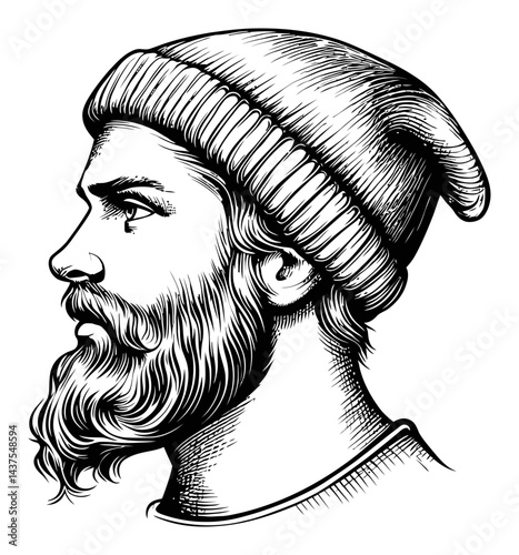Detailed Engraving Illustration of a Bearded Man in Profile View