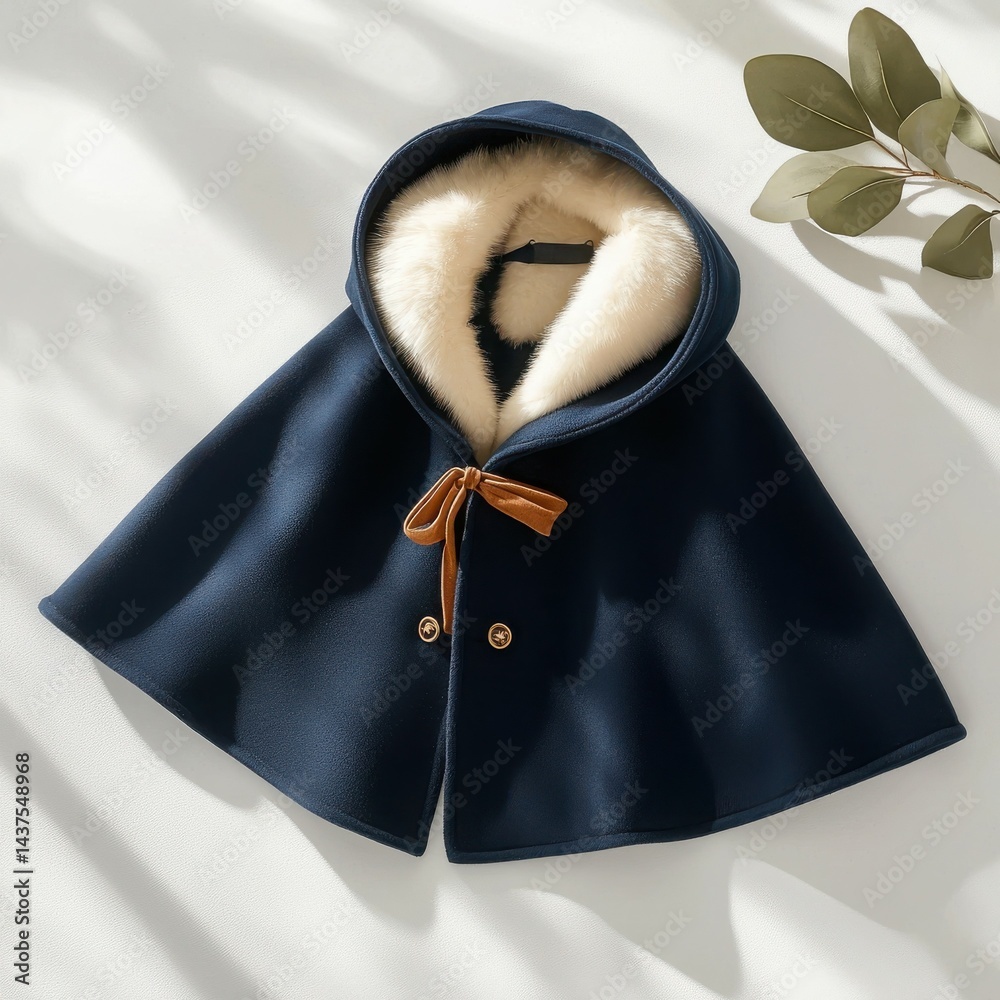 Elegant navy cloak with soft fur lining and stylish design, perfect for chilly days.